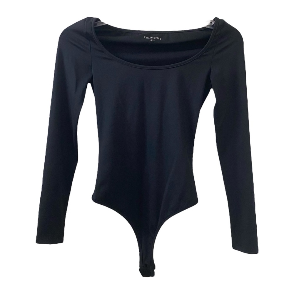 Commense Black Bodysuit Longsleeve Thong Back Soft Stretchy Women's XS